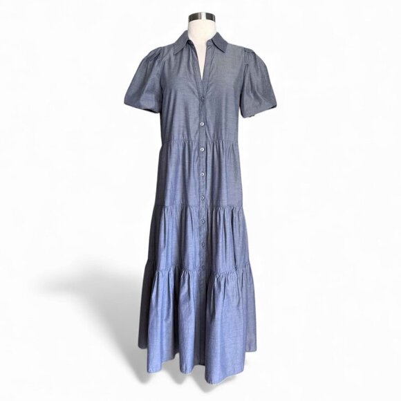 Brochu Walker The Havana Puff Sleeve Tiered Midi Dress In Washed Slate Sz M - Picture 3 of 11